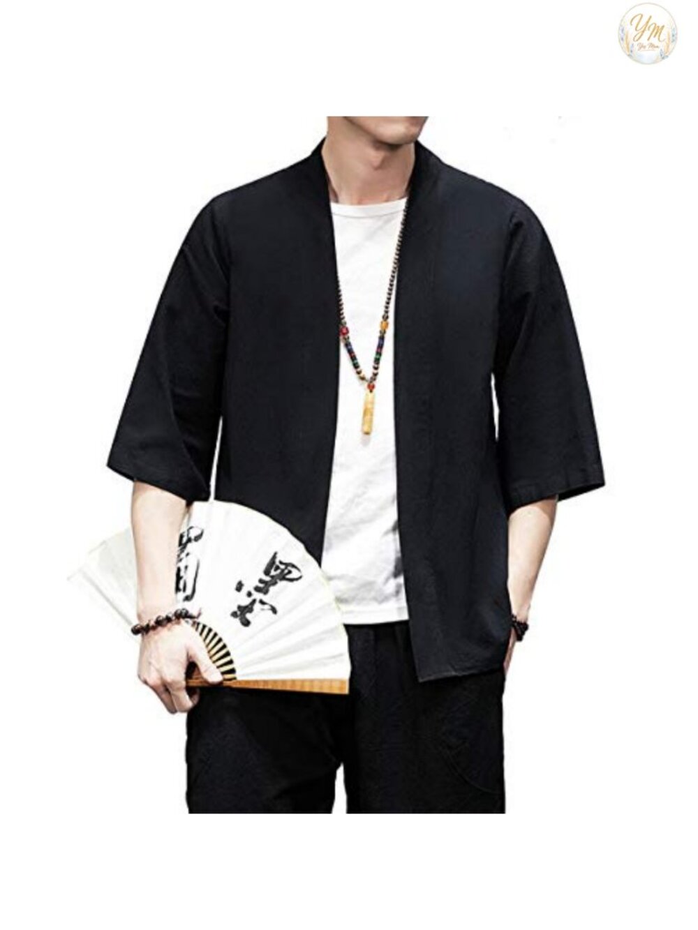 Men's Cotton Linen Kimono Cardigan Japanese Haori 3/4 Sleeve Loose Fit - Picture 2 of 6